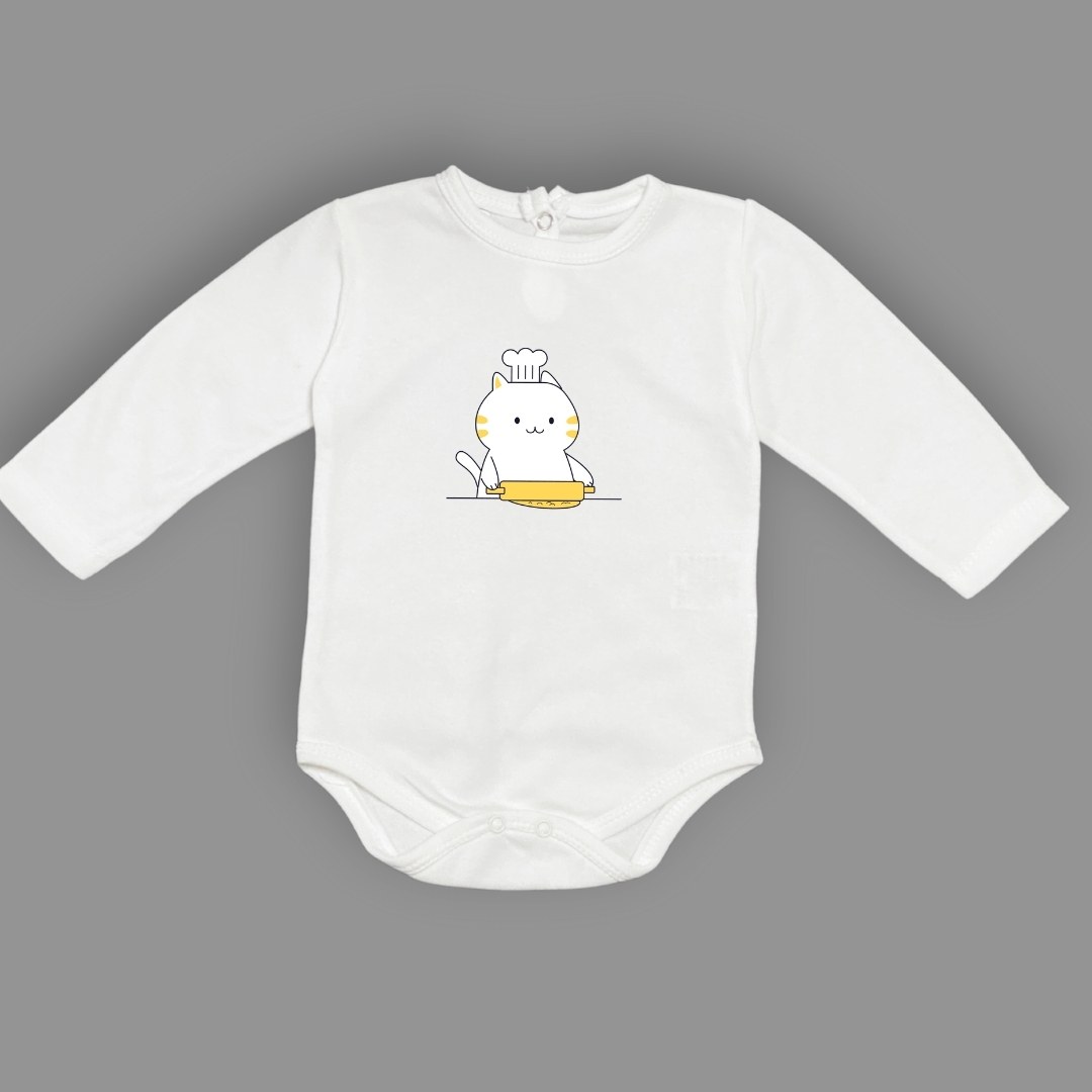 Baskılı Şef Kedi Bebek Çıtçıtlı Body - -KOYU PEMBE-6 AY — EKRU