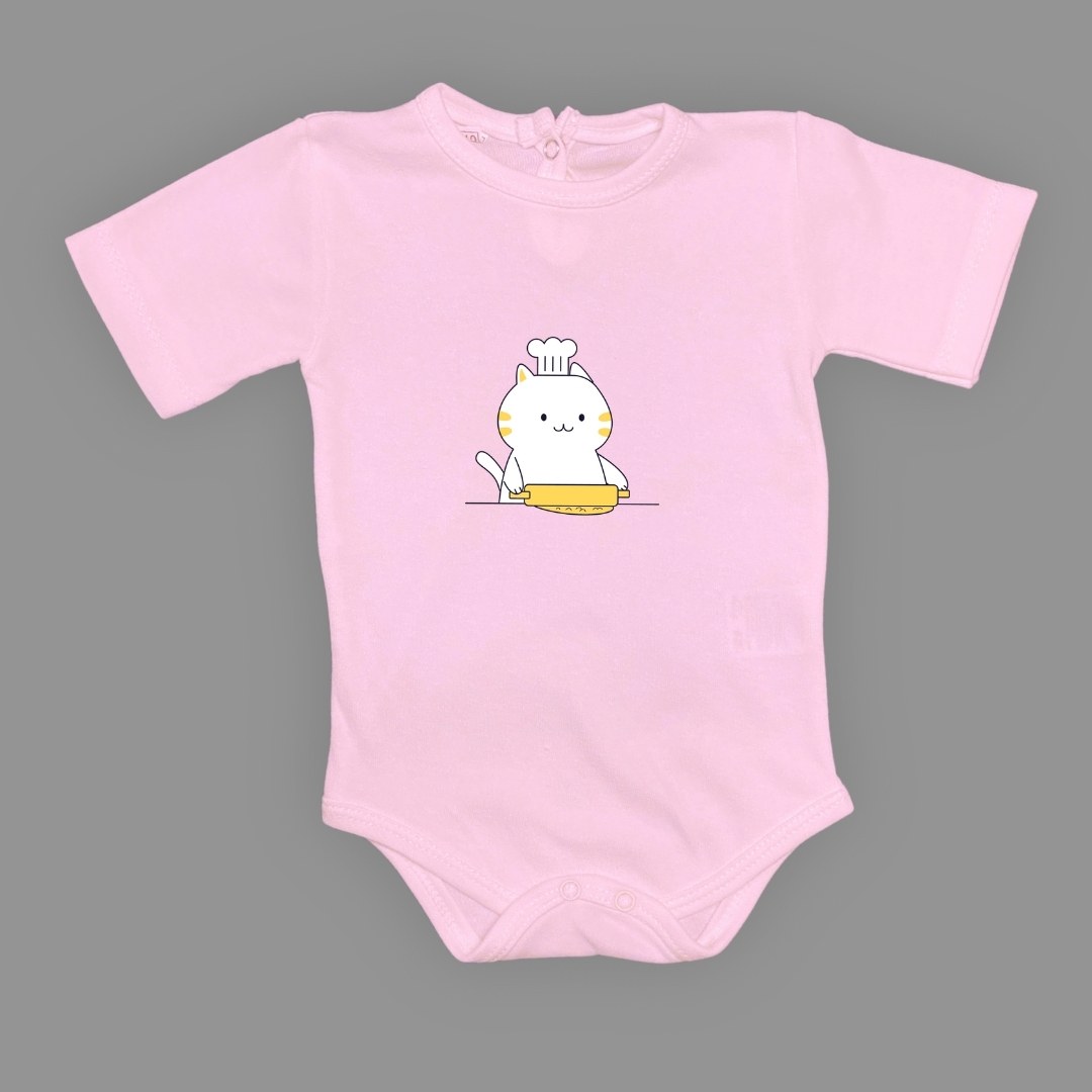 Baskılı Şef Kedi Bebek Çıtçıtlı Body - -KOYU PEMBE-6 AY