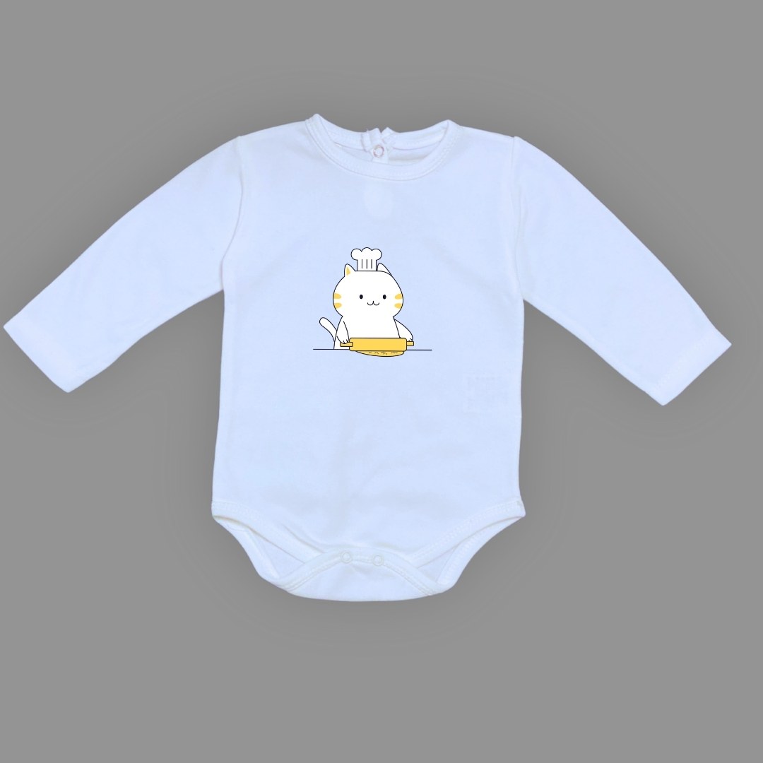 Baskılı Şef Kedi Bebek Çıtçıtlı Body - -KOYU PEMBE-6 AY — MAVİ