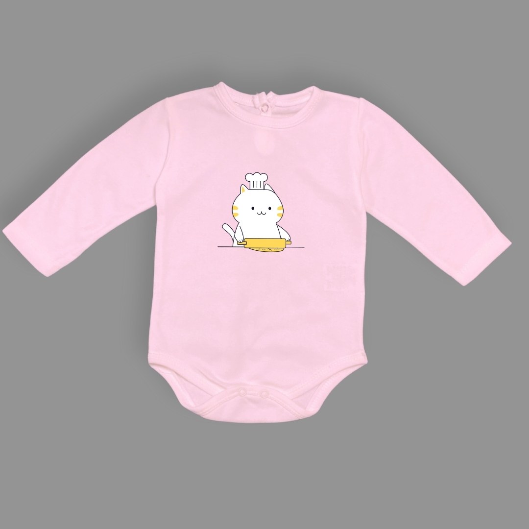 Baskılı Şef Kedi Bebek Çıtçıtlı Body - -KOYU PEMBE-6 AY