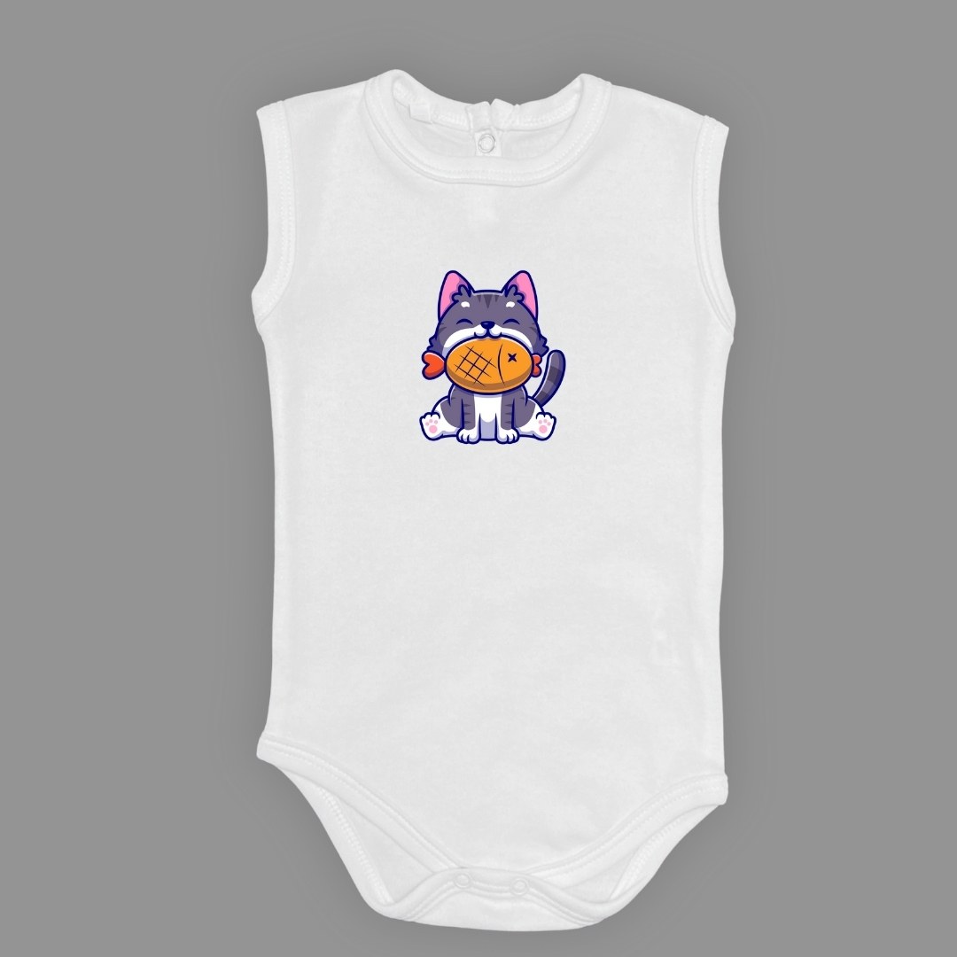 Baskılı Balıklı Kedi Bebek Çıtçıtlı Body - -AÇIK EKRU-6 AY