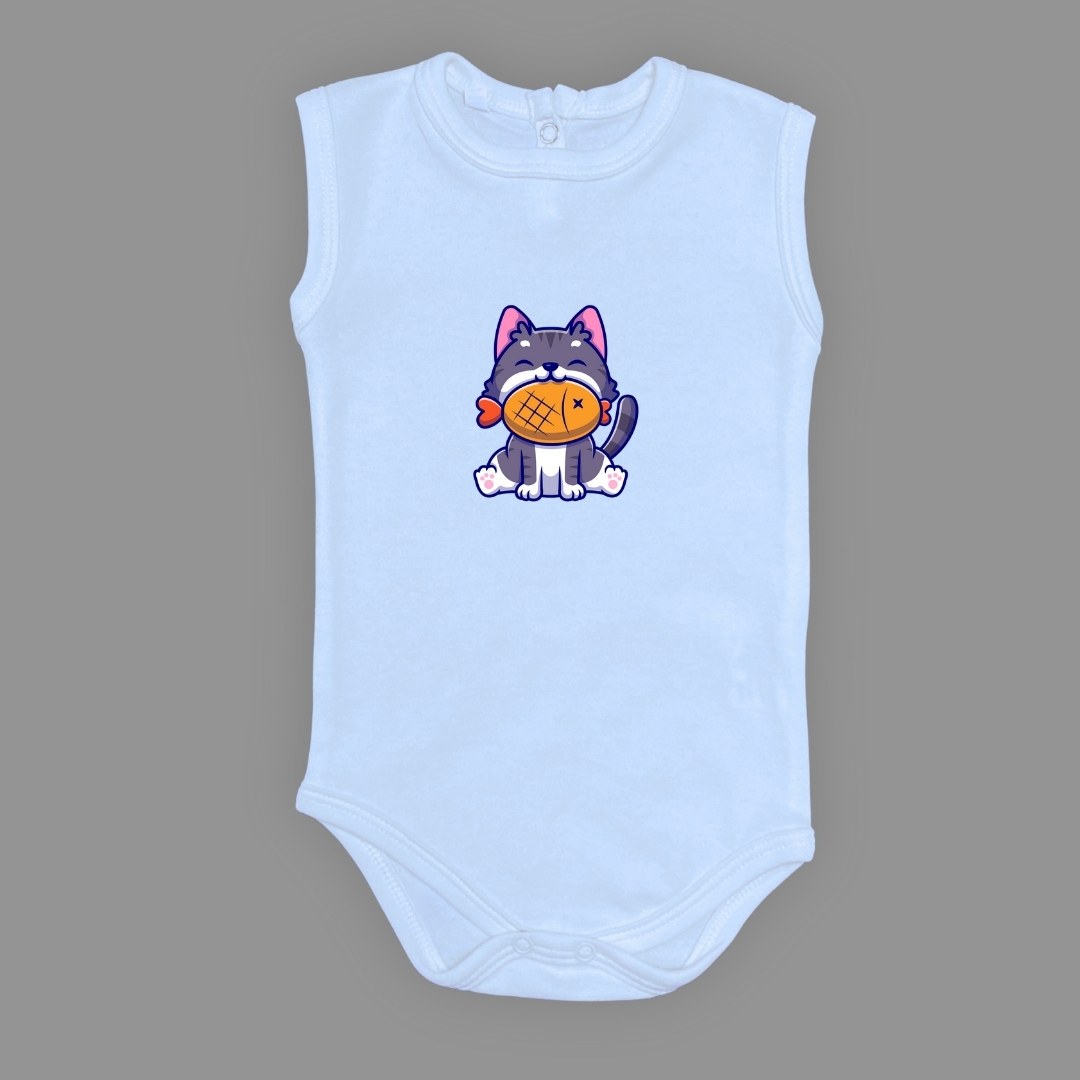 Baskılı Balıklı Kedi Bebek Çıtçıtlı Body - -AÇIK EKRU-6 AY — AÇIK MAVİ