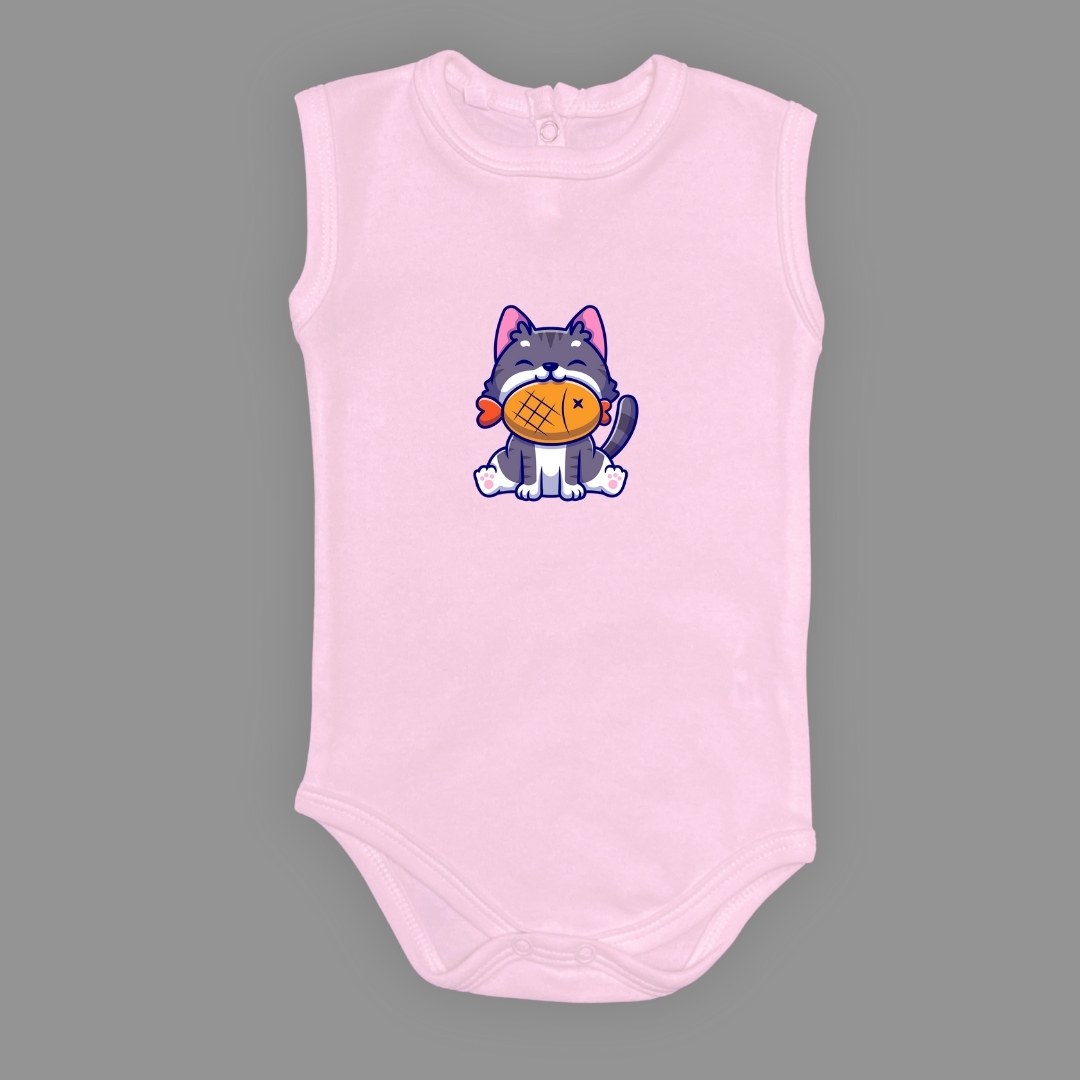 Baskılı Balıklı Kedi Bebek Çıtçıtlı Body - -AÇIK EKRU-6 AY — AÇIK PEMBE