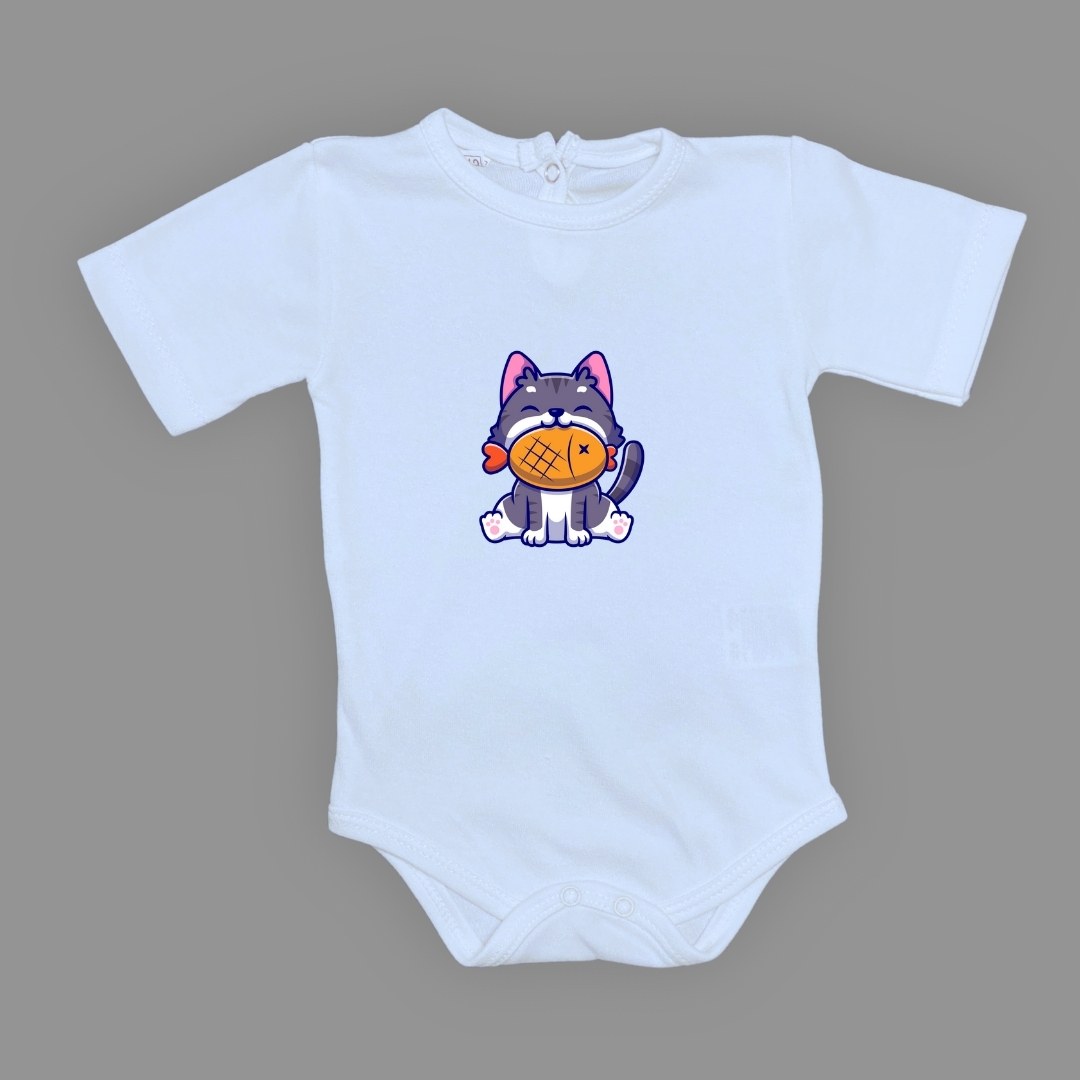 Baskılı Balıklı Kedi Bebek Çıtçıtlı Body - -AÇIK EKRU-6 AY — BEBE MAVİ