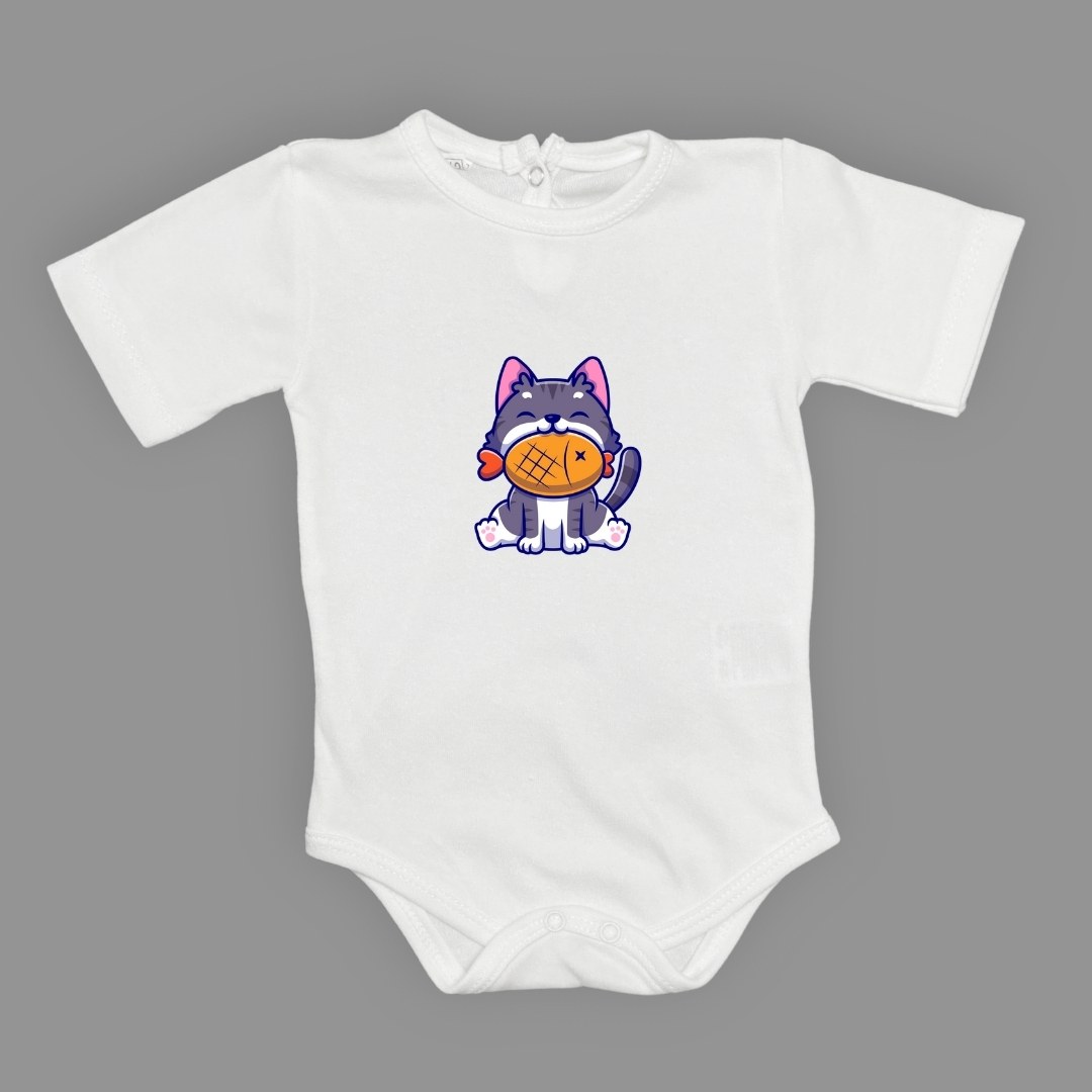 Baskılı Balıklı Kedi Bebek Çıtçıtlı Body - -AÇIK EKRU-6 AY — BEYAZ