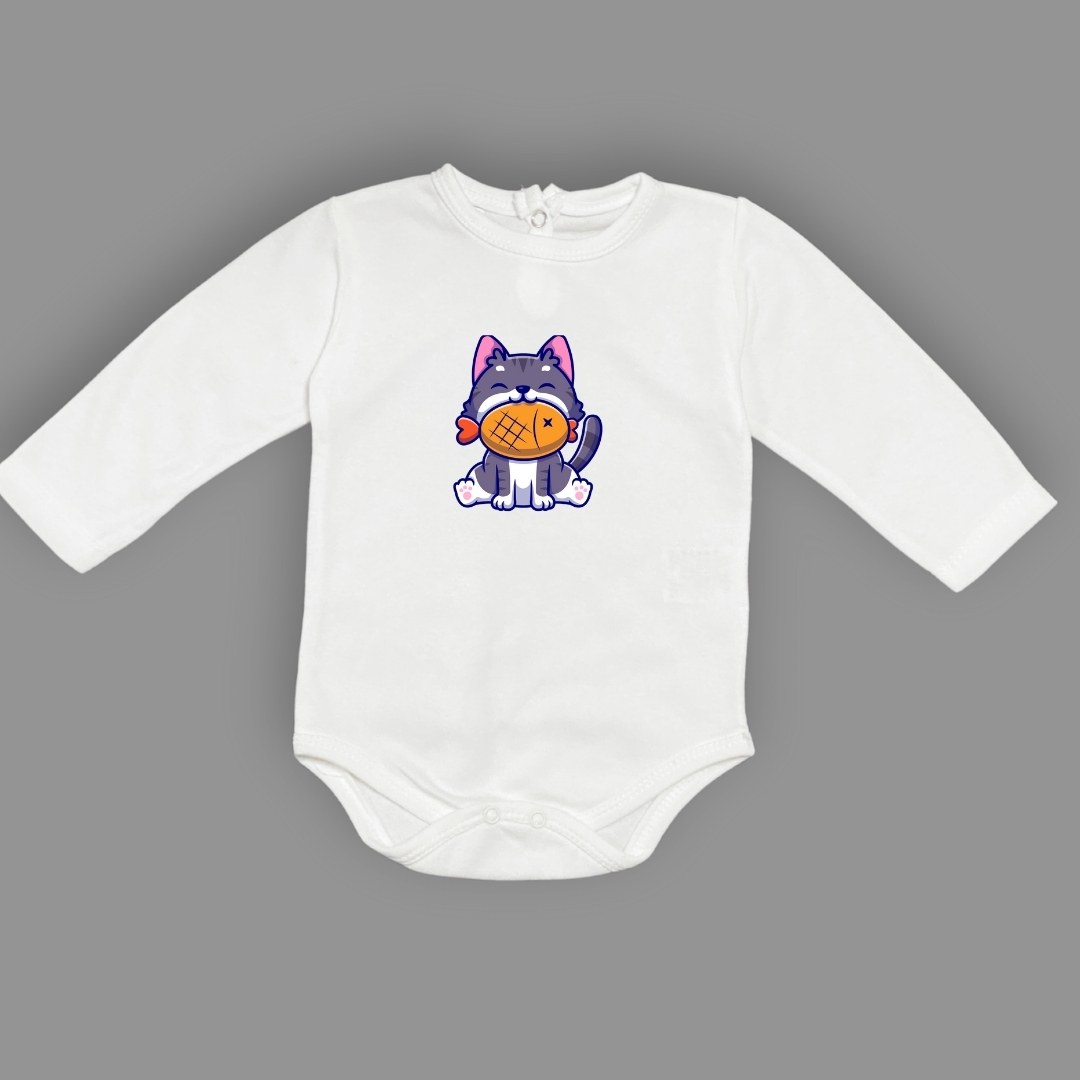 Baskılı Balıklı Kedi Bebek Çıtçıtlı Body - -AÇIK EKRU-6 AY