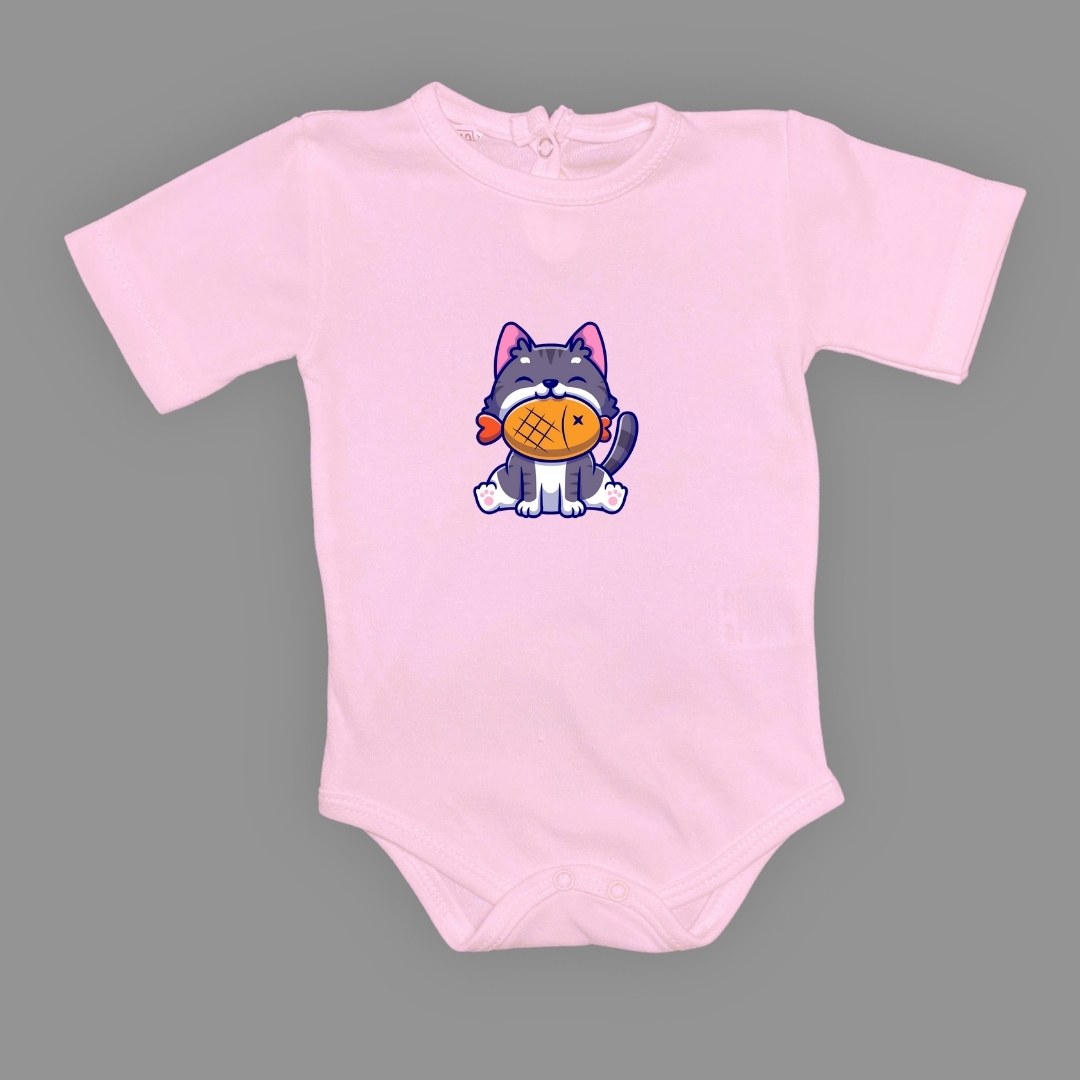 Baskılı Balıklı Kedi Bebek Çıtçıtlı Body - -AÇIK EKRU-6 AY — KOYU PEMBE