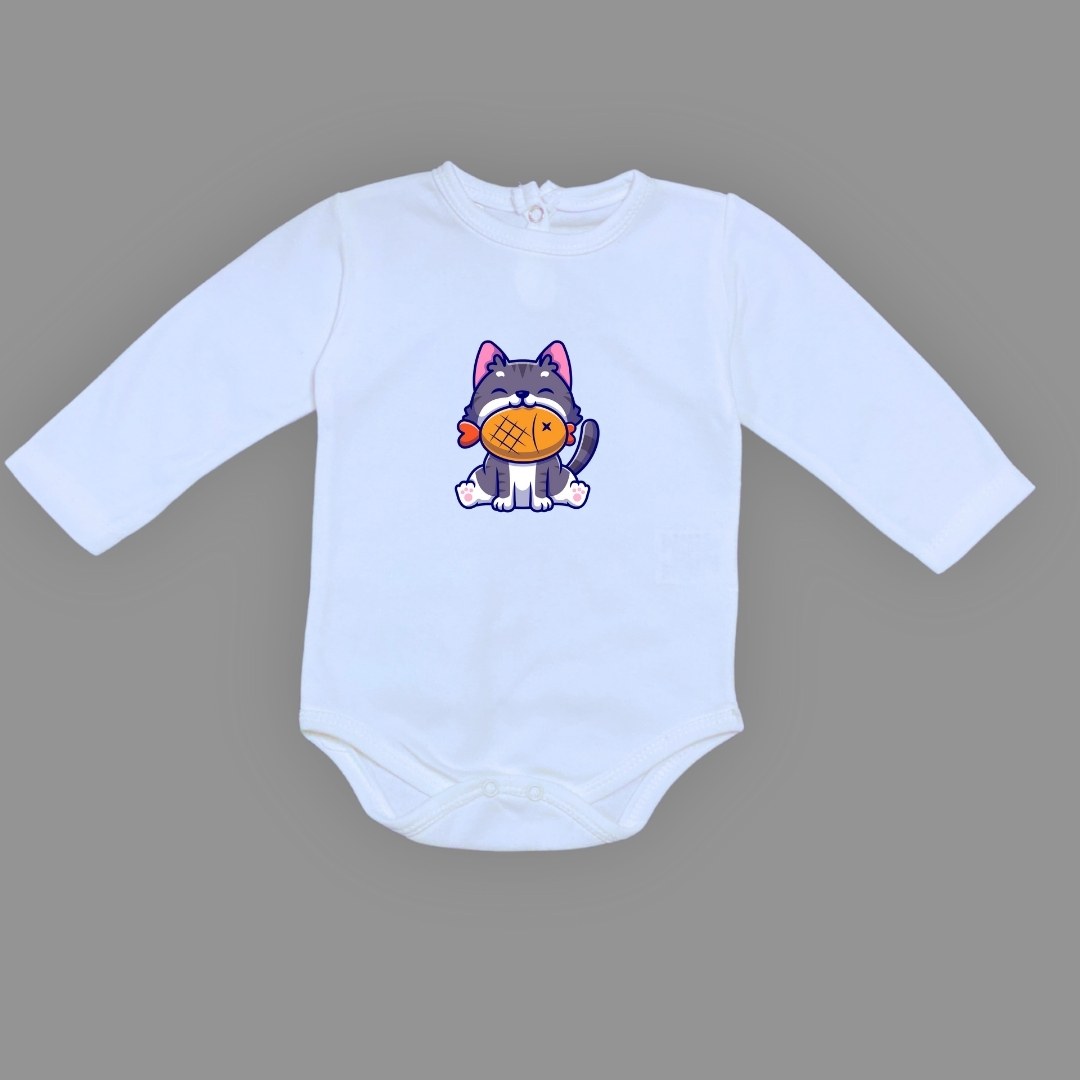 Baskılı Balıklı Kedi Bebek Çıtçıtlı Body - -AÇIK EKRU-6 AY — MAVİ