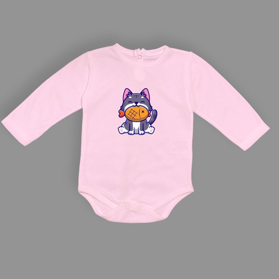 Baskılı Balıklı Kedi Bebek Çıtçıtlı Body - -AÇIK EKRU-6 AY — PEMBE