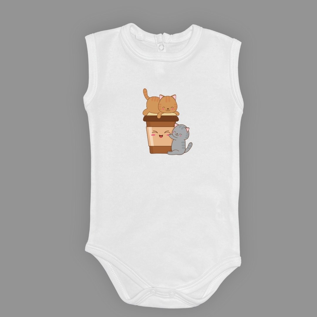Baskılı Kahve Seven Kediler Bebek Çıtçıtlı Body - -AÇIK EKRU-6 AY