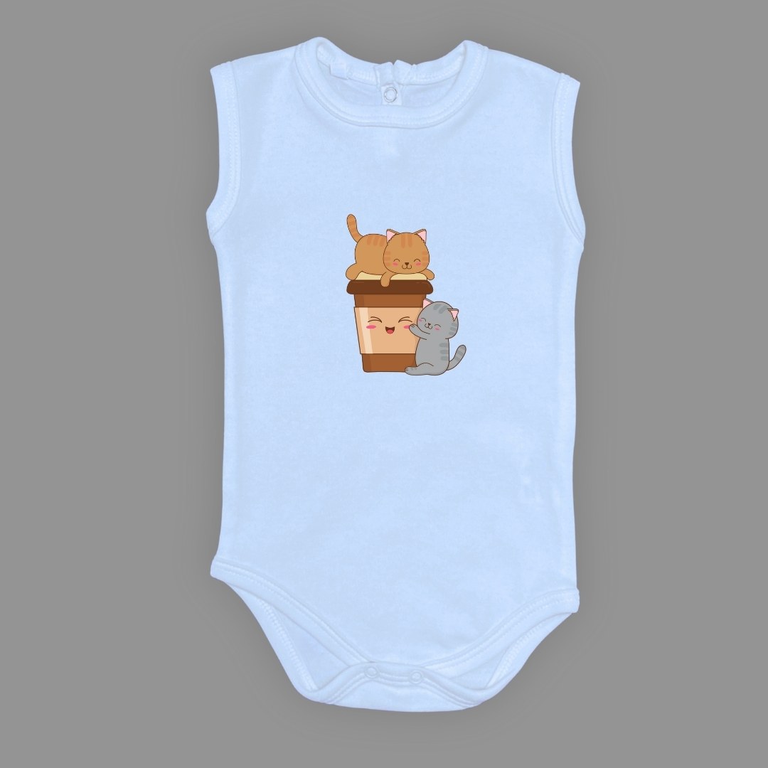 Baskılı Kahve Seven Kediler Bebek Çıtçıtlı Body - -AÇIK EKRU-6 AY — AÇIK MAVİ