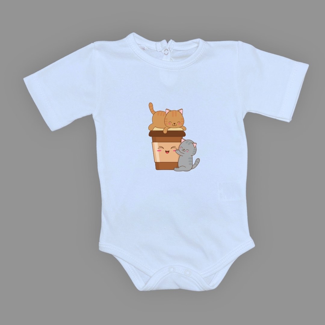 Baskılı Kahve Seven Kediler Bebek Çıtçıtlı Body - -AÇIK EKRU-6 AY — BEBE MAVİ