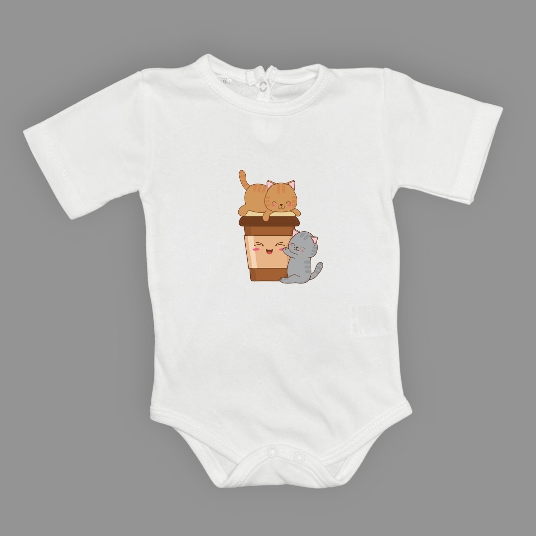 Baskılı Kahve Seven Kediler Bebek Çıtçıtlı Body - -AÇIK EKRU-6 AY — BEYAZ
