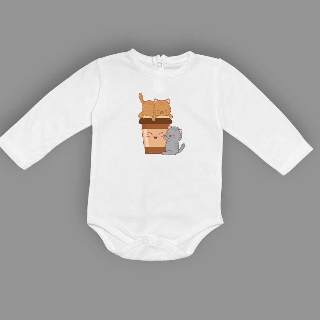 Baskılı Kahve Seven Kediler Bebek Çıtçıtlı Body - -AÇIK EKRU-6 AY