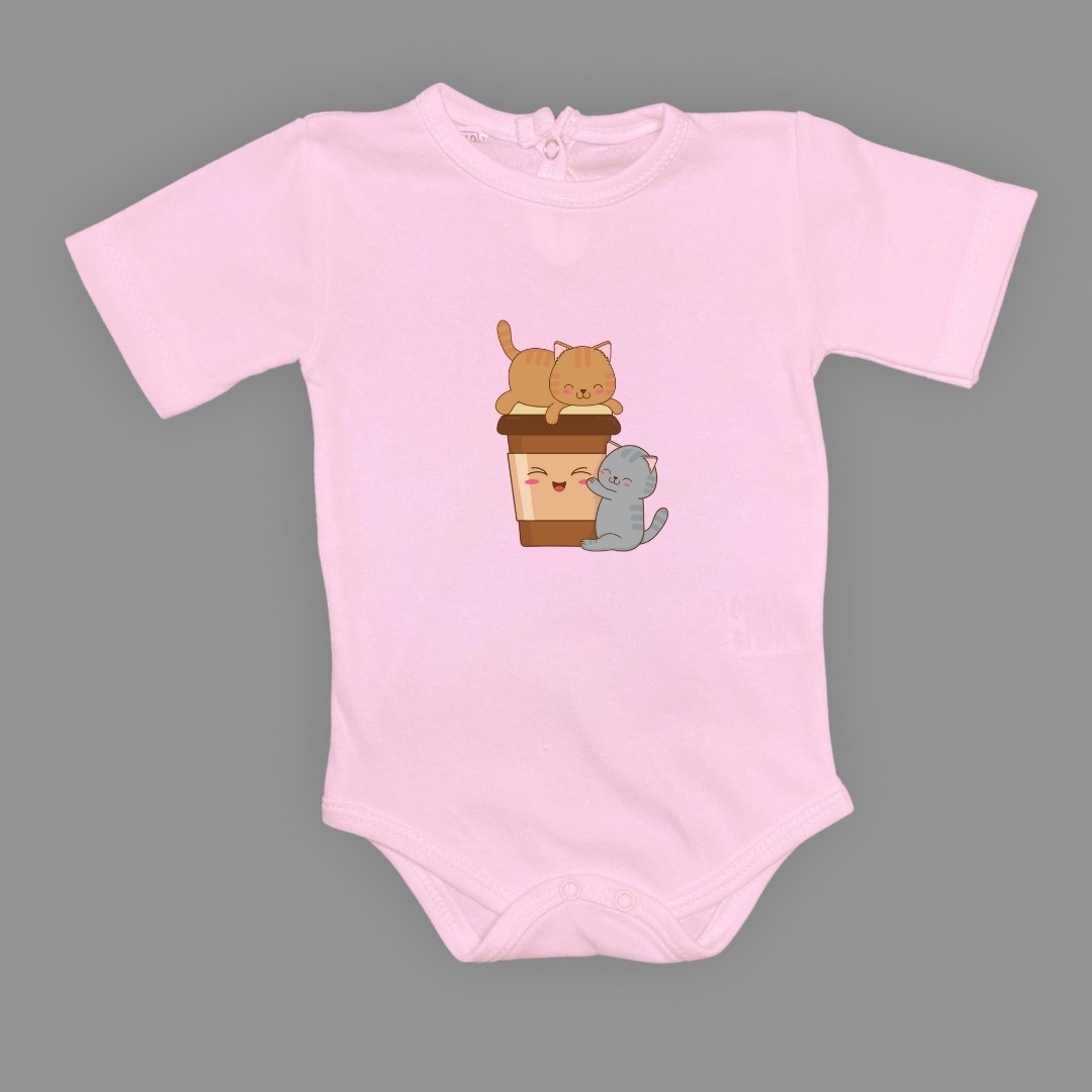 Baskılı Kahve Seven Kediler Bebek Çıtçıtlı Body - -AÇIK EKRU-6 AY — KOYU PEMBE