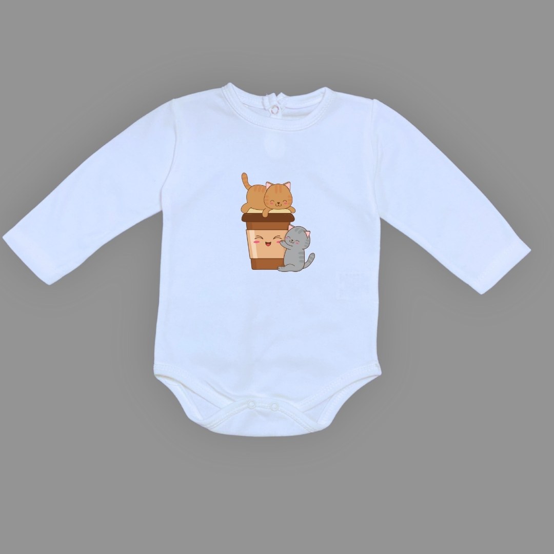 Baskılı Kahve Seven Kediler Bebek Çıtçıtlı Body - -AÇIK EKRU-6 AY — MAVİ