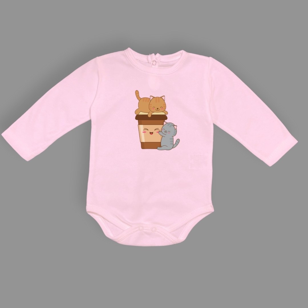 Baskılı Kahve Seven Kediler Bebek Çıtçıtlı Body - -AÇIK EKRU-6 AY — PEMBE