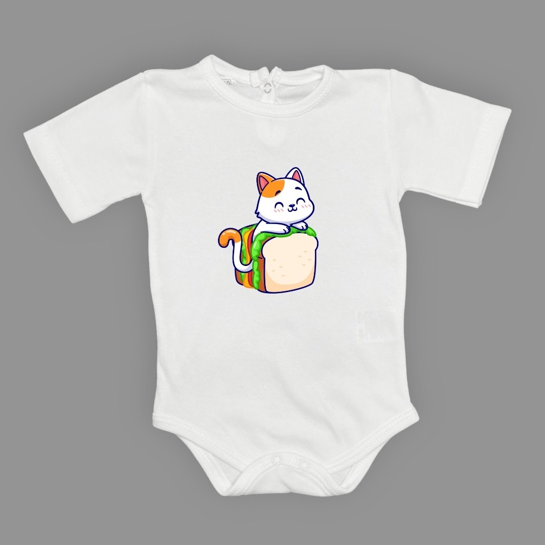 Baskılı Tost Kedi Bebek Çıtçıtlı Body - -PEMBE-3 YAŞ — BEYAZ