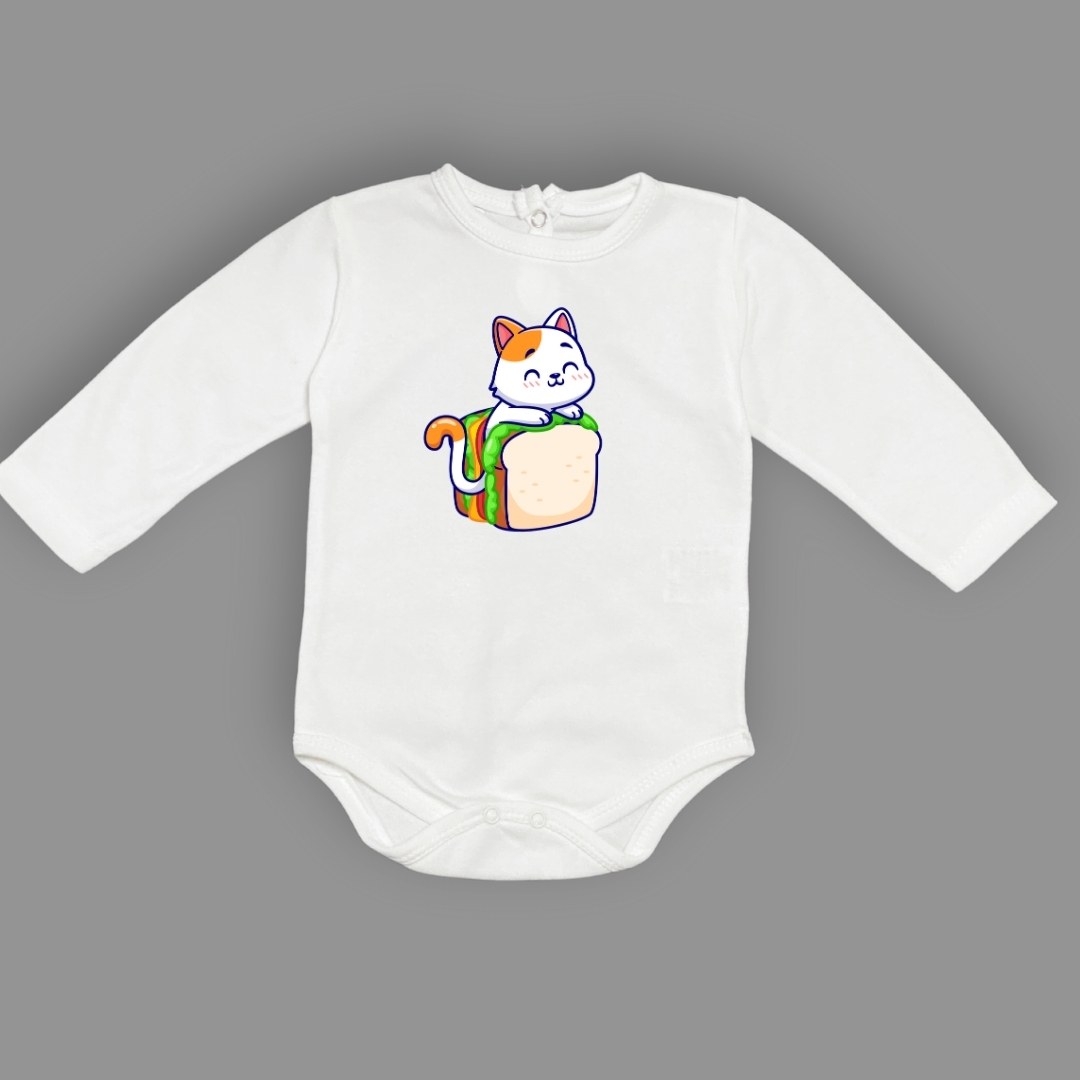 Baskılı Tost Kedi Bebek Çıtçıtlı Body - -PEMBE-3 YAŞ — EKRU