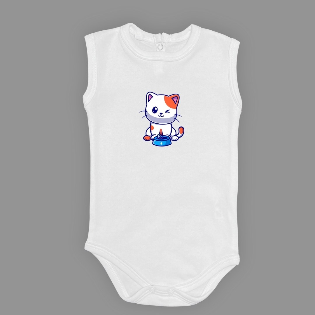 Baskılı Mama Yiyen kedi Bebek Çıtçıtlı Body - -PEMBE-3 YAŞ — AÇIK EKRU