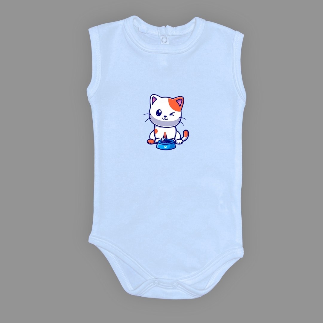 Baskılı Mama Yiyen kedi Bebek Çıtçıtlı Body - -PEMBE-3 YAŞ — AÇIK MAVİ