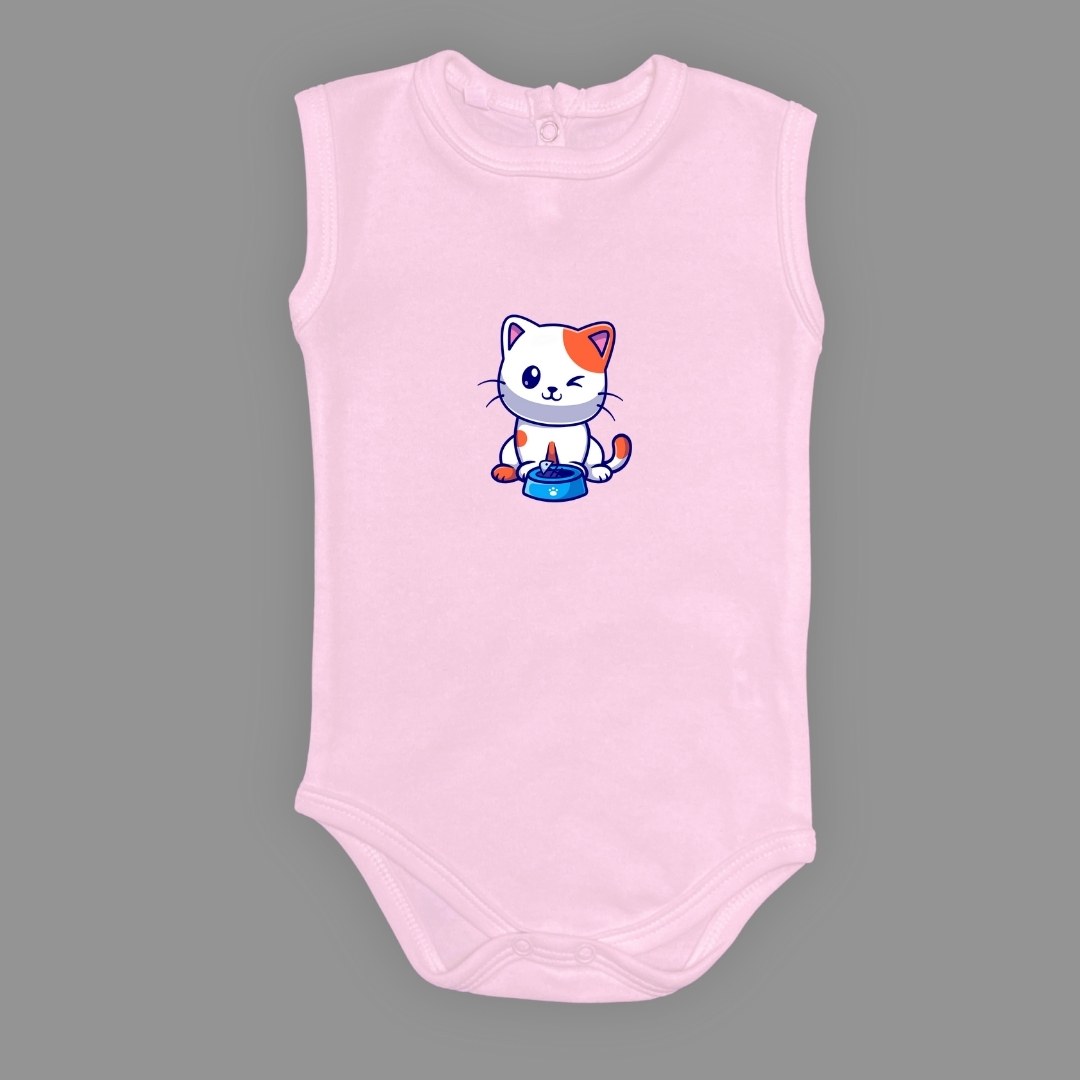 Baskılı Mama Yiyen kedi Bebek Çıtçıtlı Body - -PEMBE-3 YAŞ — AÇIK PEMBE