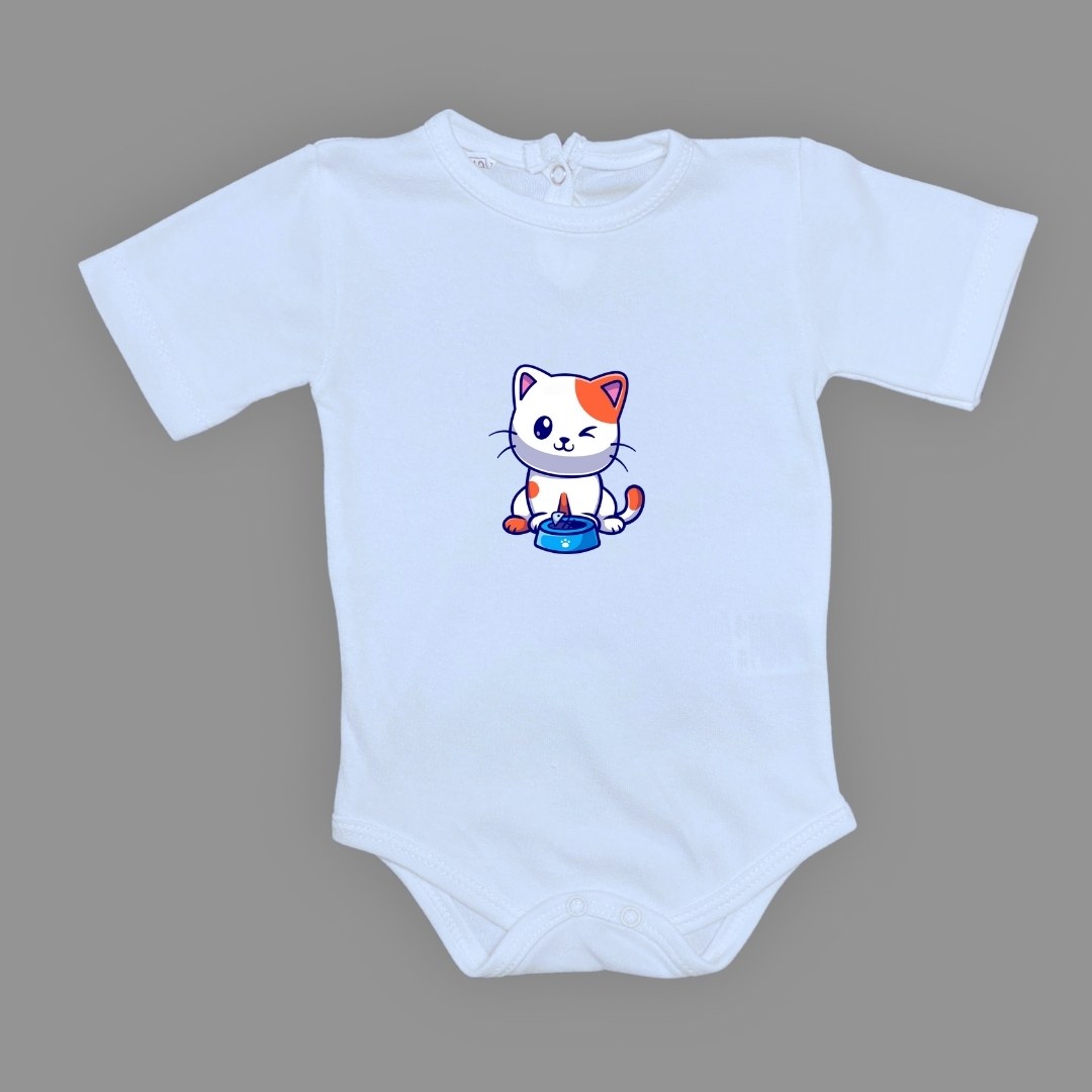 Baskılı Mama Yiyen kedi Bebek Çıtçıtlı Body - -PEMBE-3 YAŞ — BEBE MAVİ