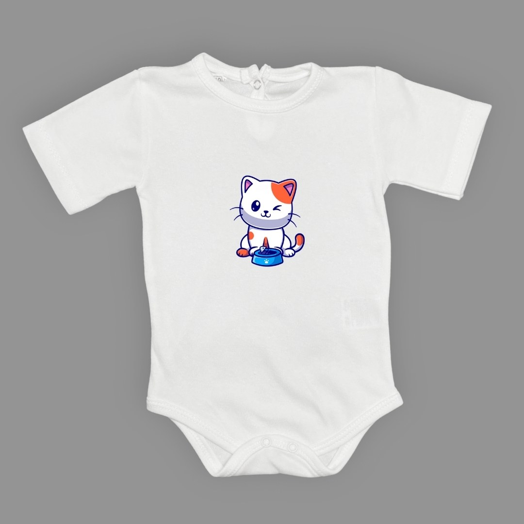 Baskılı Mama Yiyen kedi Bebek Çıtçıtlı Body - -PEMBE-3 YAŞ — BEYAZ