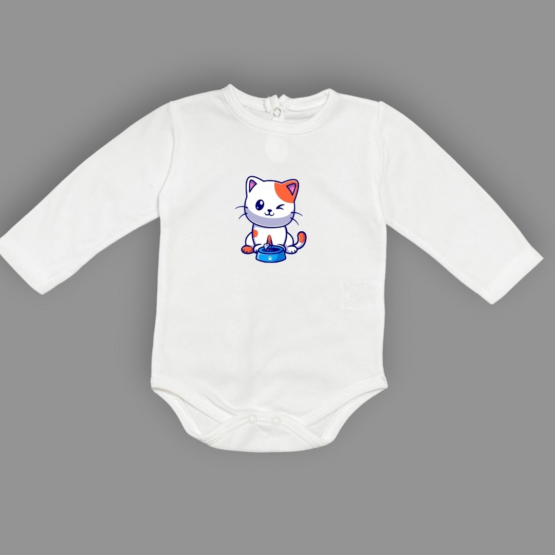 Baskılı Mama Yiyen kedi Bebek Çıtçıtlı Body - -PEMBE-3 YAŞ — EKRU