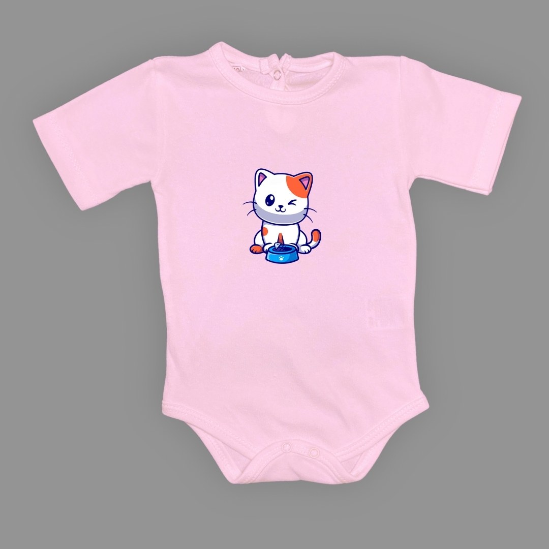 Baskılı Mama Yiyen kedi Bebek Çıtçıtlı Body - -PEMBE-3 YAŞ — KOYU PEMBE