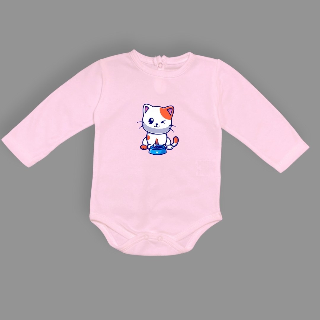 Baskılı Mama Yiyen kedi Bebek Çıtçıtlı Body - -PEMBE-3 YAŞ