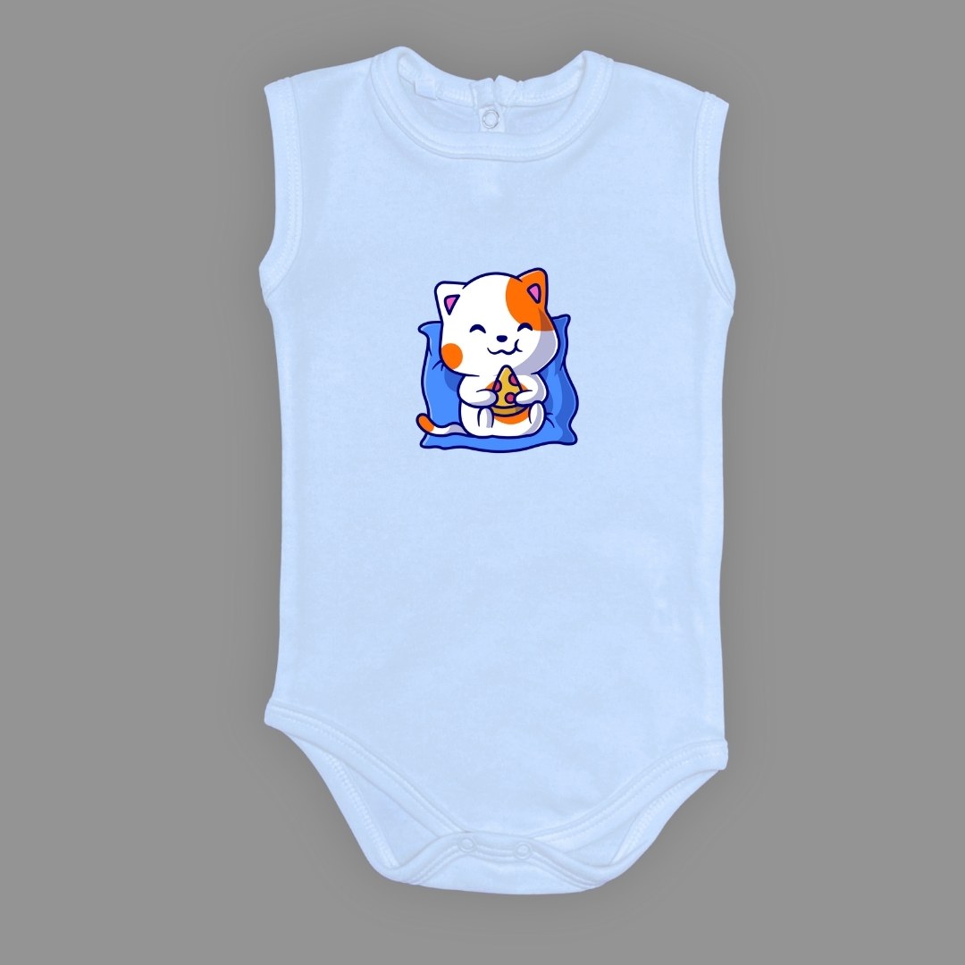 Baskılı Pizza Yiyen kedi Bebek Çıtçıtlı Body - -PEMBE-3 YAŞ — AÇIK MAVİ