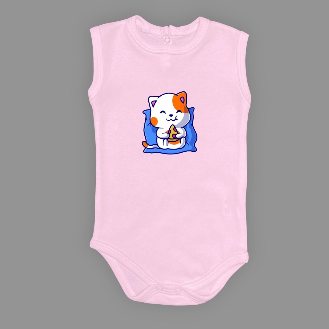 Baskılı Pizza Yiyen kedi Bebek Çıtçıtlı Body - -PEMBE-3 YAŞ — AÇIK PEMBE