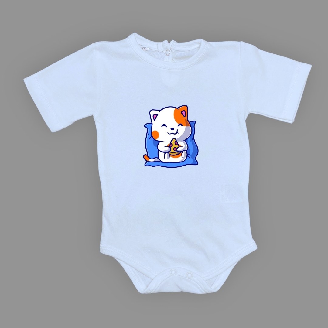 Baskılı Pizza Yiyen kedi Bebek Çıtçıtlı Body - -PEMBE-3 YAŞ — BEBE MAVİ
