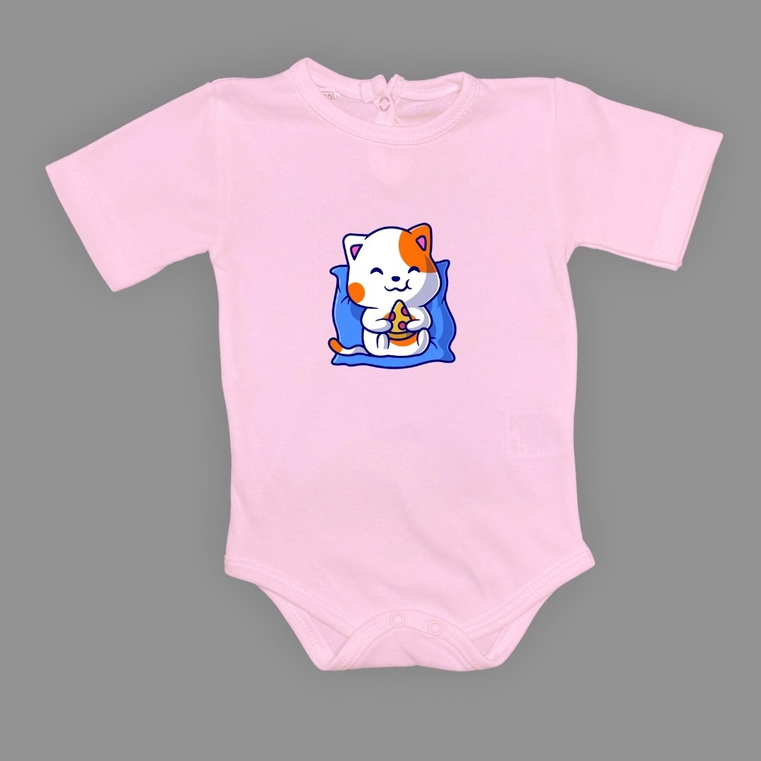 Baskılı Pizza Yiyen kedi Bebek Çıtçıtlı Body - -PEMBE-3 YAŞ — KOYU PEMBE