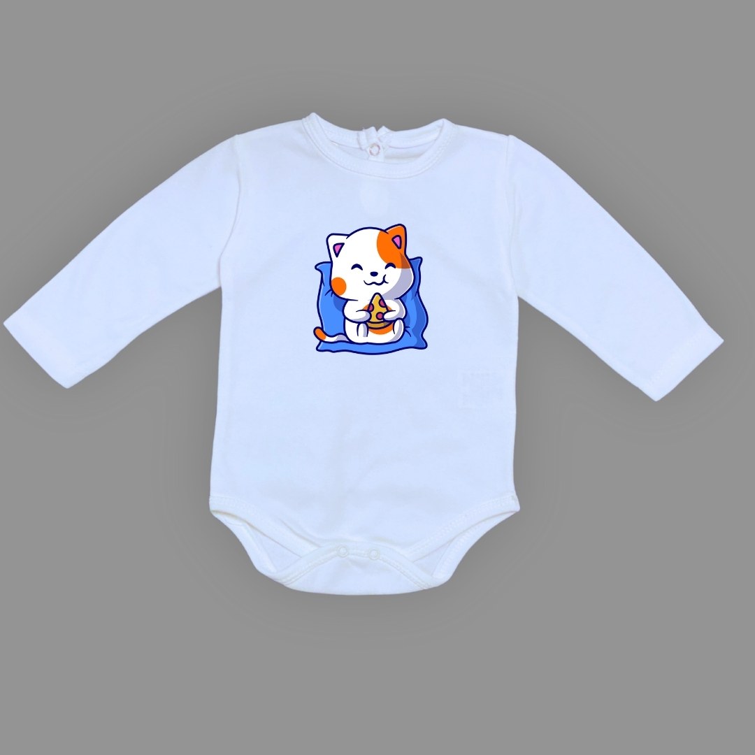 Baskılı Pizza Yiyen kedi Bebek Çıtçıtlı Body - -PEMBE-3 YAŞ — MAVİ