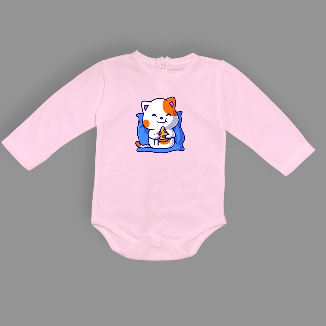 Baskılı Pizza Yiyen kedi Bebek Çıtçıtlı Body - -PEMBE-3 YAŞ
