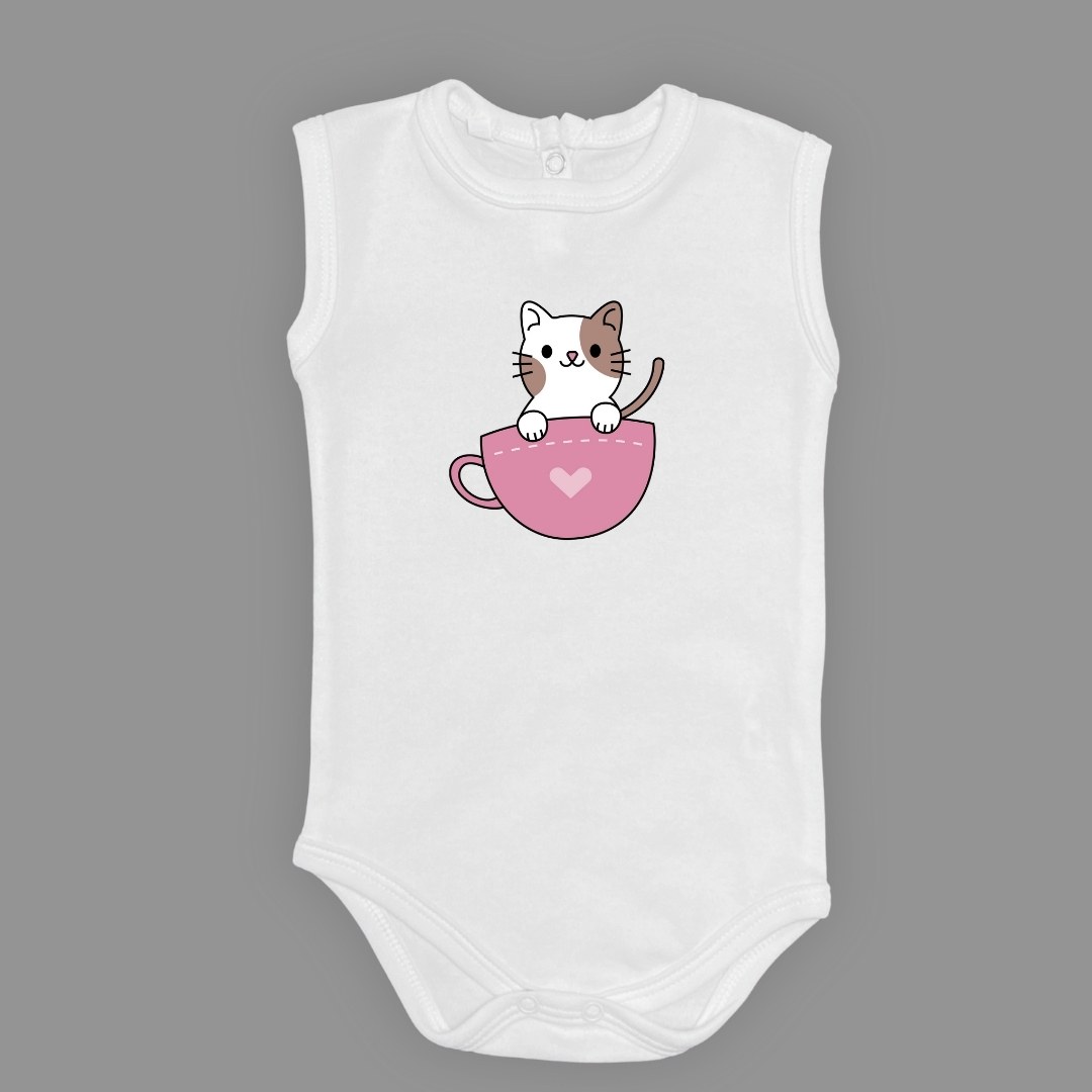 Baskılı Kalpli Fincan Kedi Bebek Çıtçıtlı Body - -PEMBE-3 YAŞ — AÇIK EKRU