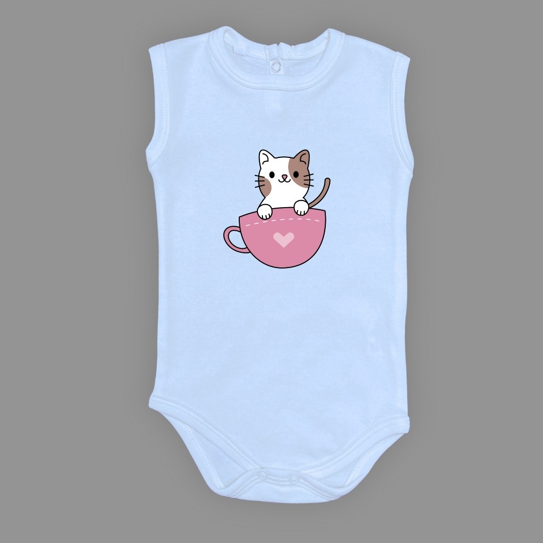 Baskılı Kalpli Fincan Kedi Bebek Çıtçıtlı Body - -PEMBE-3 YAŞ — AÇIK MAVİ