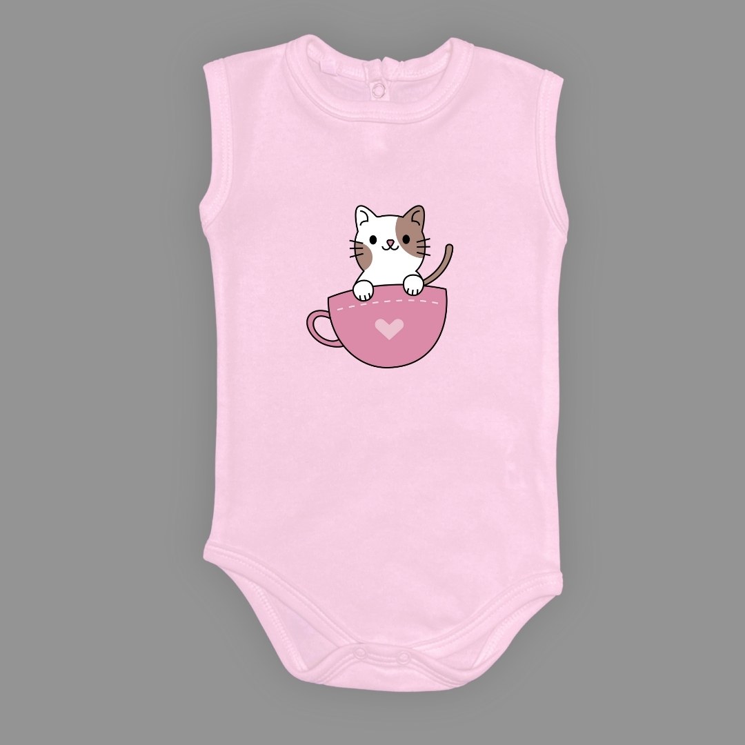 Baskılı Kalpli Fincan Kedi Bebek Çıtçıtlı Body - -PEMBE-3 YAŞ — AÇIK PEMBE