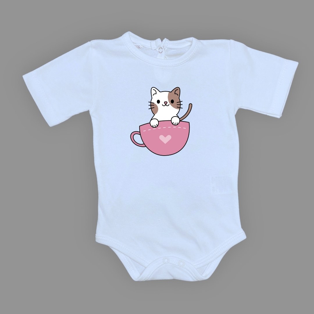Baskılı Kalpli Fincan Kedi Bebek Çıtçıtlı Body - -PEMBE-3 YAŞ — BEBE MAVİ