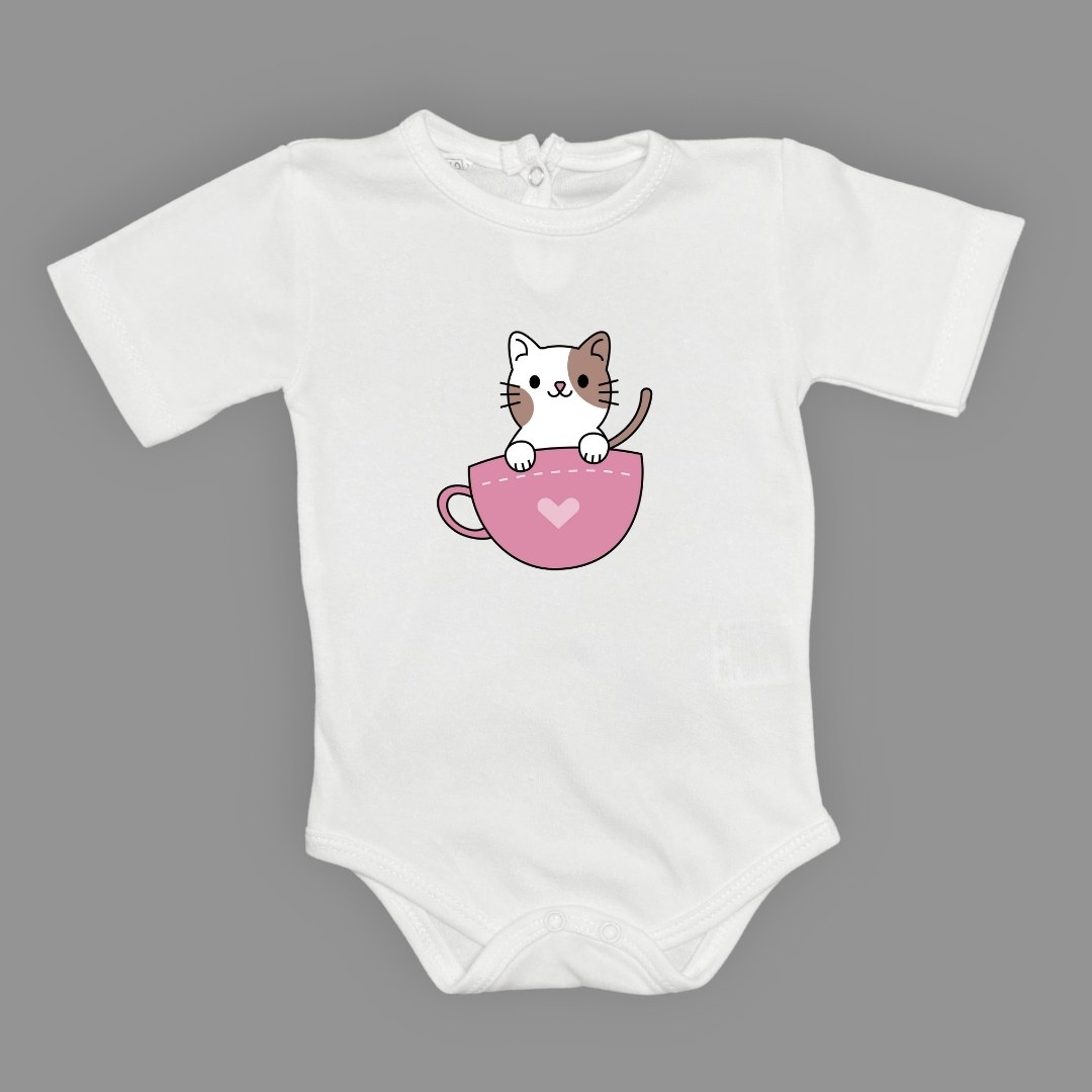 Baskılı Kalpli Fincan Kedi Bebek Çıtçıtlı Body - -PEMBE-3 YAŞ — BEYAZ