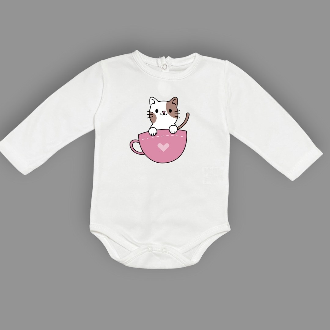 Baskılı Kalpli Fincan Kedi Bebek Çıtçıtlı Body - -PEMBE-3 YAŞ — EKRU