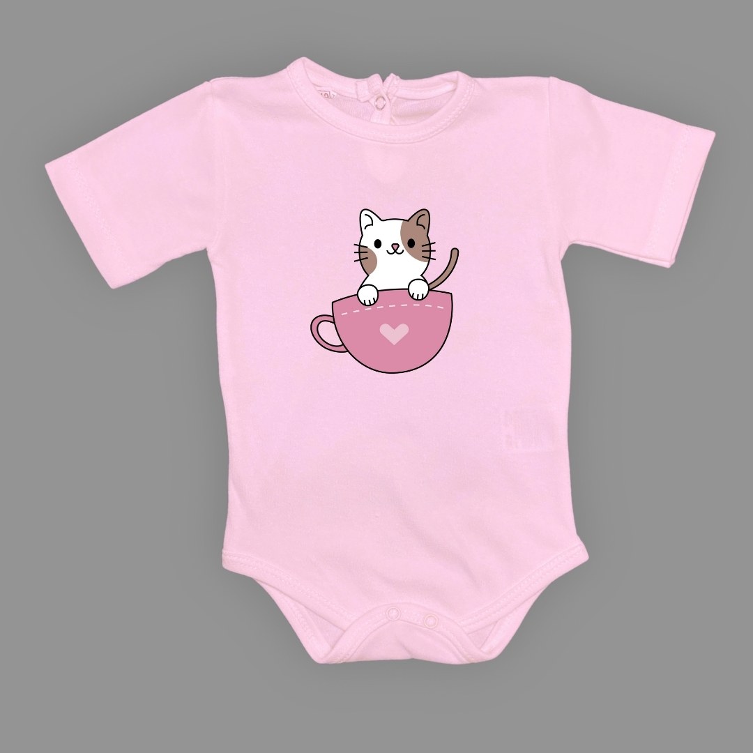 Baskılı Kalpli Fincan Kedi Bebek Çıtçıtlı Body - -PEMBE-3 YAŞ — KOYU PEMBE