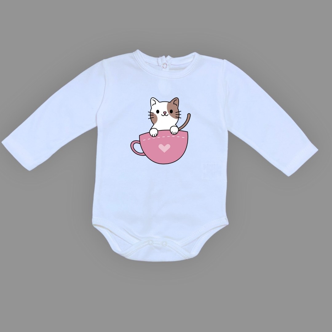 Baskılı Kalpli Fincan Kedi Bebek Çıtçıtlı Body - -PEMBE-3 YAŞ — MAVİ