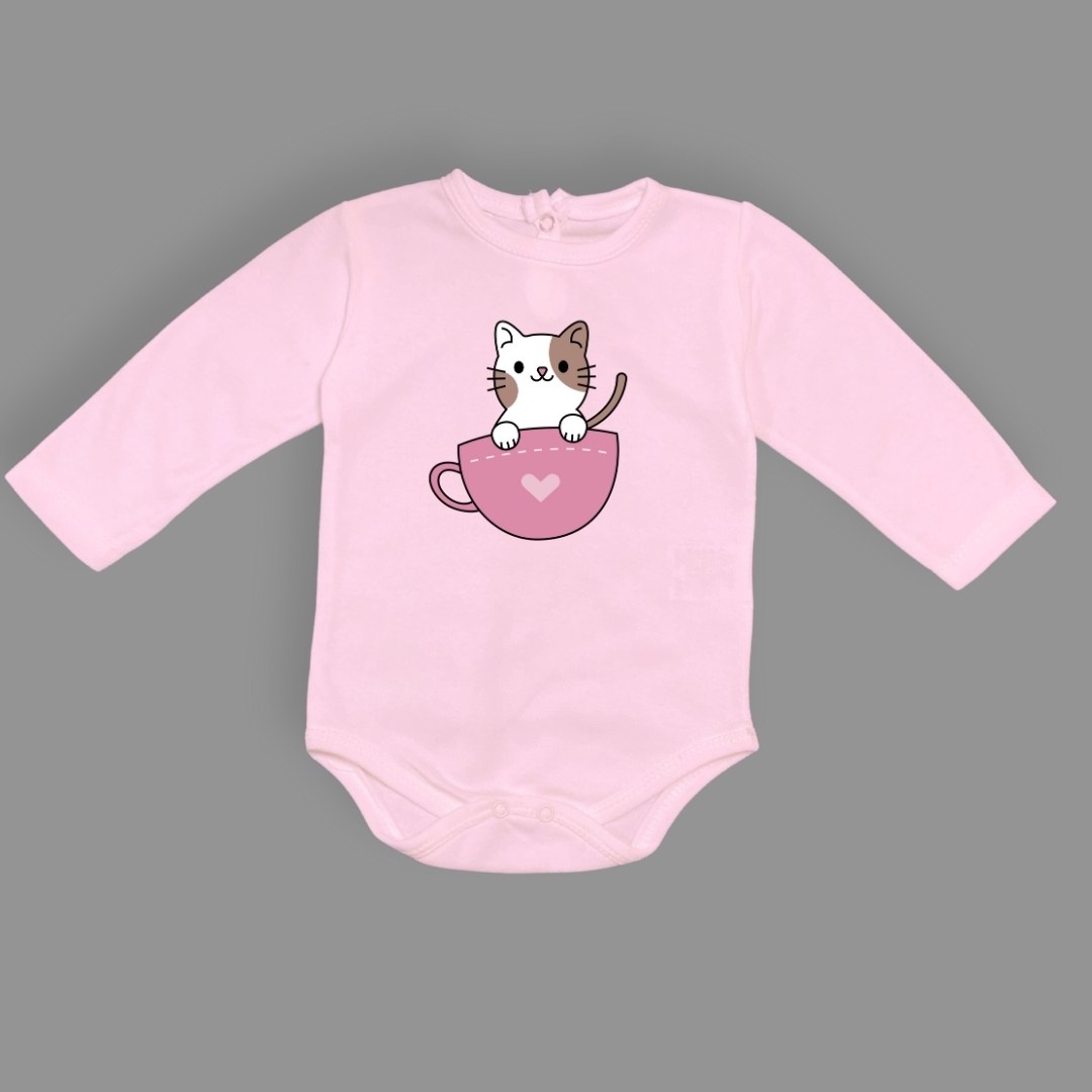 Baskılı Kalpli Fincan Kedi Bebek Çıtçıtlı Body - -PEMBE-3 YAŞ