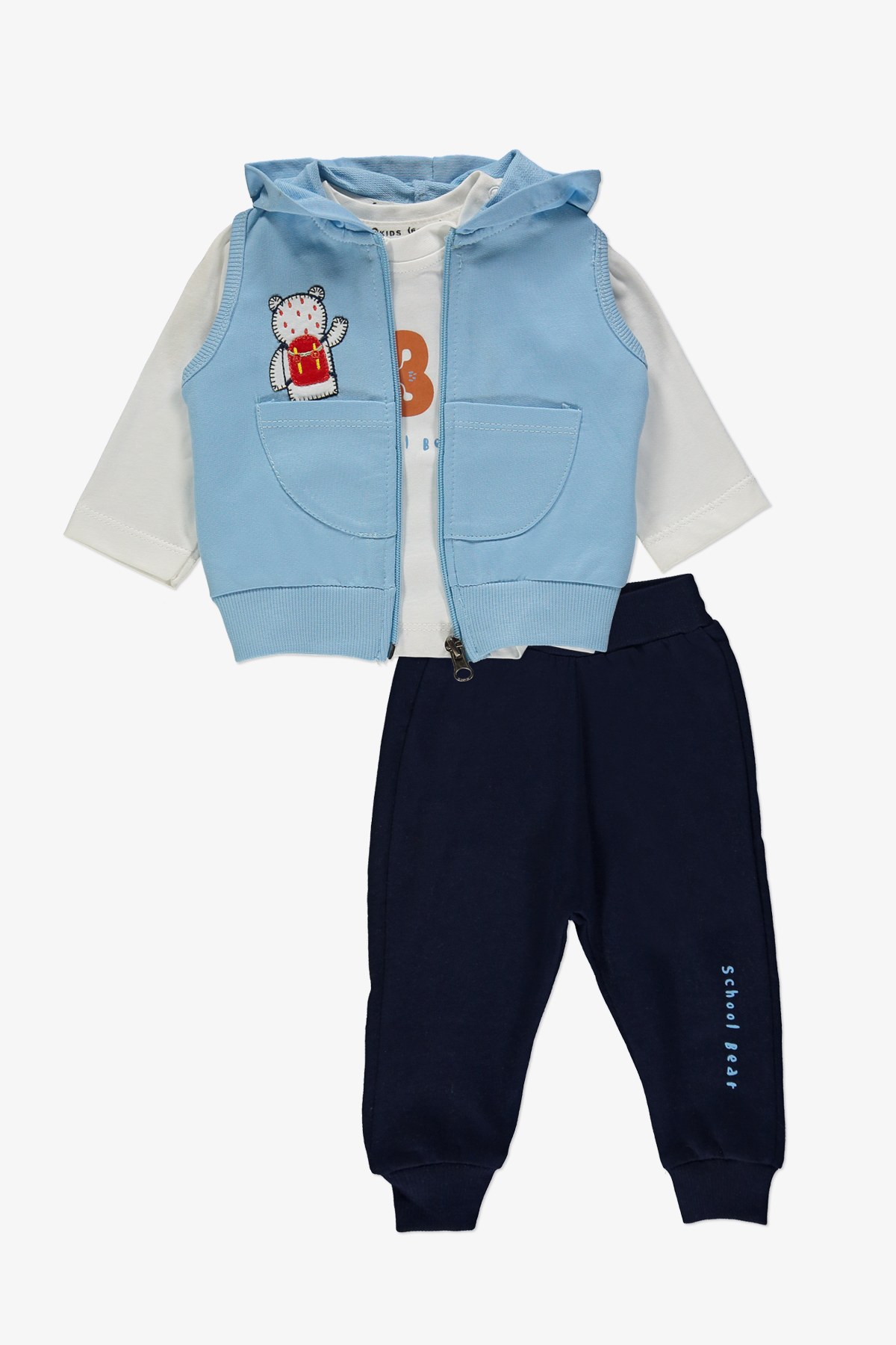 School Bear Cepli Erkek Bebek 2İplik Yelekli Takım — MAVİ