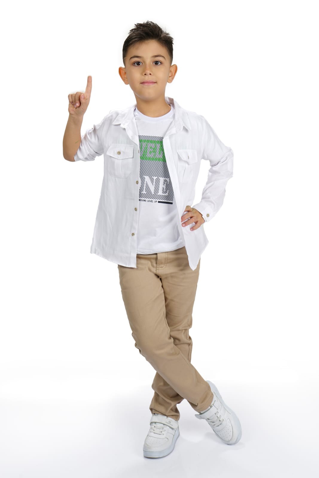 Gömlek , Pantolon , T-Shirt 3Parça Erkek Çocuk Takım — BEYAZ - BEJ