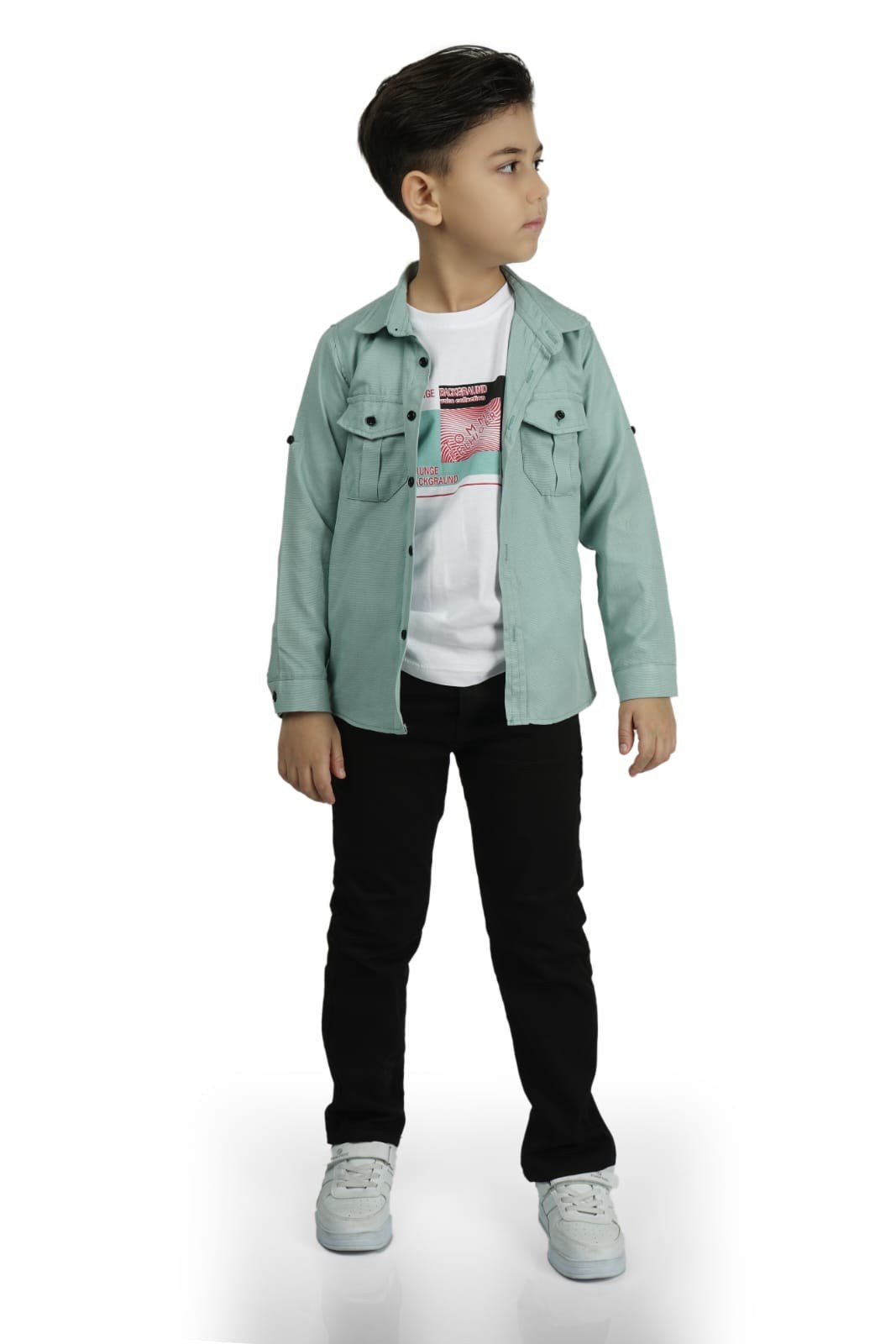 Gömlek , Pantolon , T-Shirt 3Parça Erkek Çocuk Takım — YEŞİL
