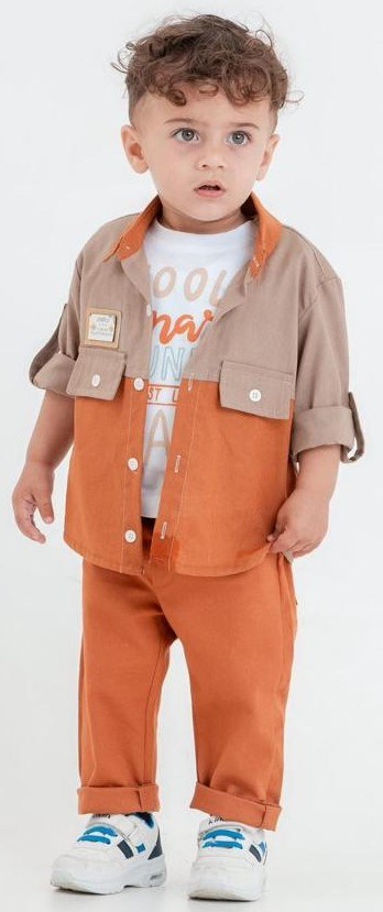 Cepli Gömlek , Pantolon , T-Shirt 3Parça Erkek Bebek Takım — KİREMİT